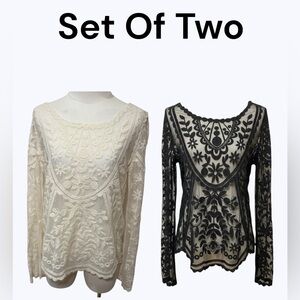 Xhilaration Set of Two Lace Long Sleeve Tops Black & White Size XS